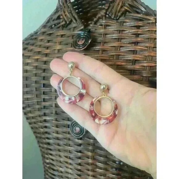 Red pink Marbled Pattern Hoop Earrings With Gold Ball Accent - Picture 1 of 5